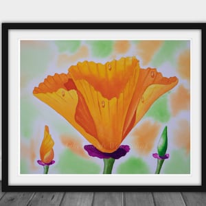 California Poppy in Watercolor, Flower Art Print, California poppies flower, Wall art, flower art, Botanical Painting, Orange Flower