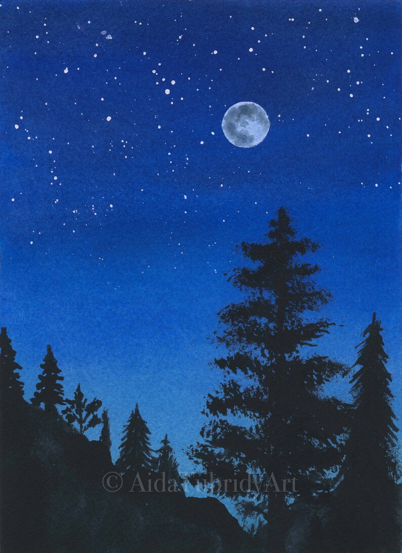 Original Watercolor Painting, "feeling Blue", Night Painting, Not Print ...