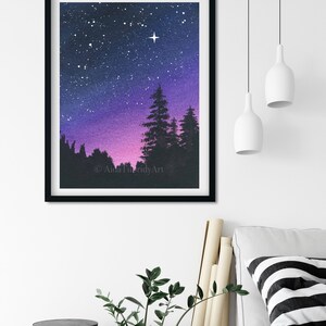 Purple Night Sky, Galaxy Painting, Nature Art, Forest, Sunset, Starry Night 16x20 inches