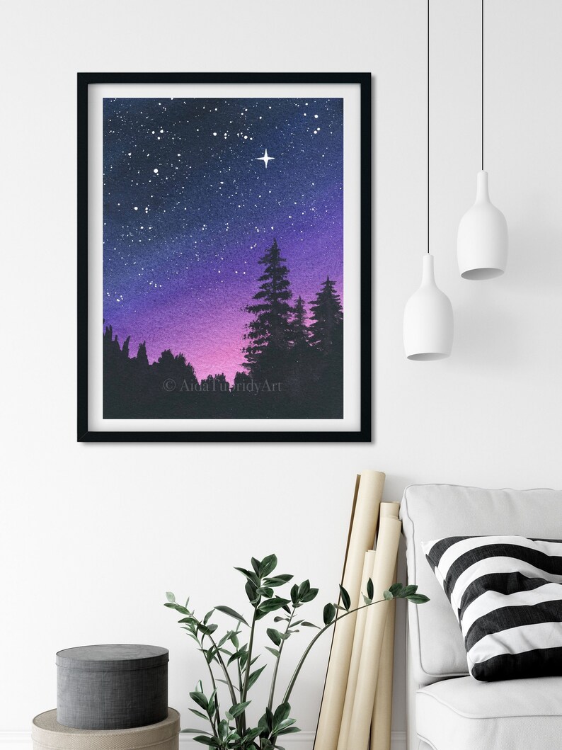 Purple Night Sky, Galaxy Painting, Nature Art, Forest, Sunset, Starry Night 16x20 inches