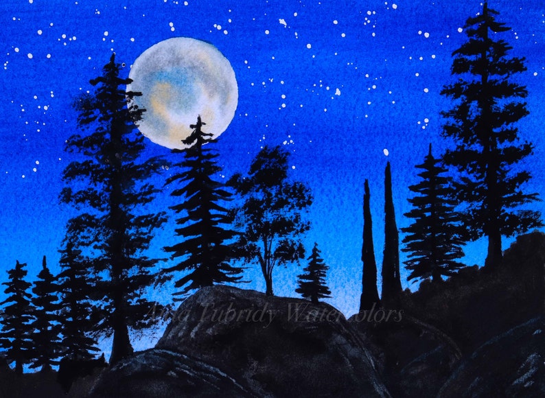 Blue Night Watercolor Painting, Print From Original Painting by Aida ...