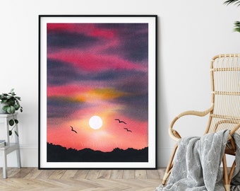 Colorful Sunset Print, Watercolor Sunset, Sunset Poster Print, Giclee' Print