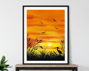 Beautiful Sunset Painting, Colorful Sunset Painting, Bird Silhouette Painting, Print from Original Painting