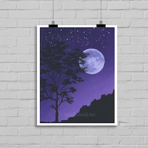 Original Watercolor Painting, 5x7 inches, (Not a Print), Purple Night Painting, Night Landscape Painting,  Moon Painting