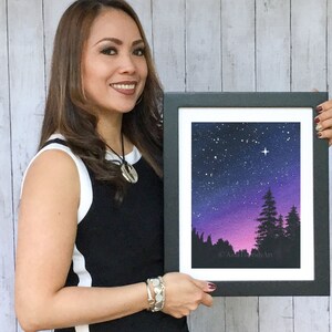 Purple Night Sky, Galaxy Painting, Nature Art, Forest, Sunset, Starry Night image 8