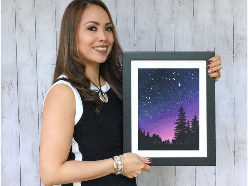 Purple Night Sky, Galaxy Painting, Nature Art, Forest, Sunset, Starry Night image 8