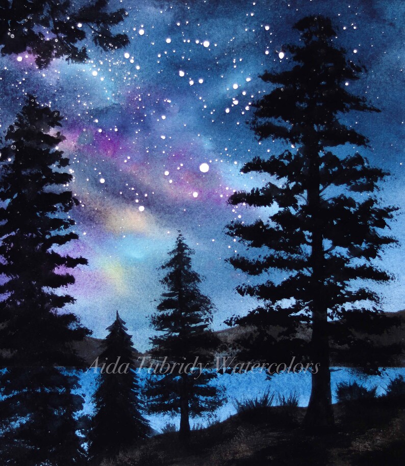 Night Painting in Watercolor, Print from Original Painting, Night Scene ...