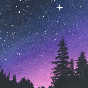 Purple Night Sky, Galaxy Painting, Nature Art, Forest, Sunset, Starry Night image 3