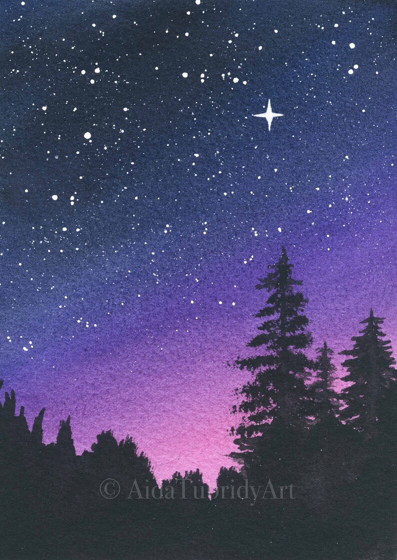 Purple Night Sky, Galaxy Painting, Nature Art, Forest, Sunset, Starry Night image 3