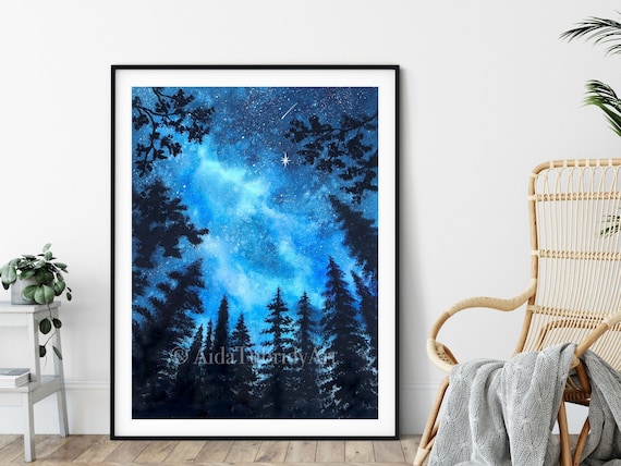Looking up Painting, Galaxy Painting, Night Painting, Giclee Print from Original watercolor painting, Galaxy print