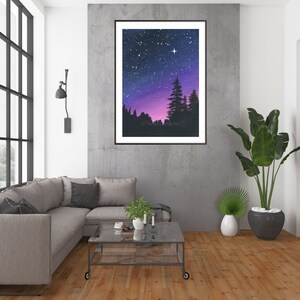 Purple Night Sky, Galaxy Painting, Nature Art, Forest, Sunset, Starry Night 20x30 inches