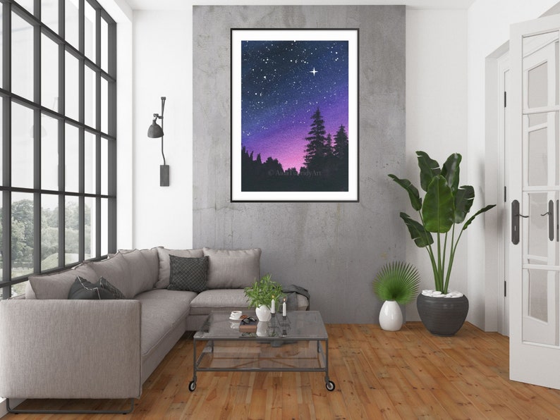 Purple Night Sky, Galaxy Painting, Nature Art, Forest, Sunset, Starry Night 20x30 inches