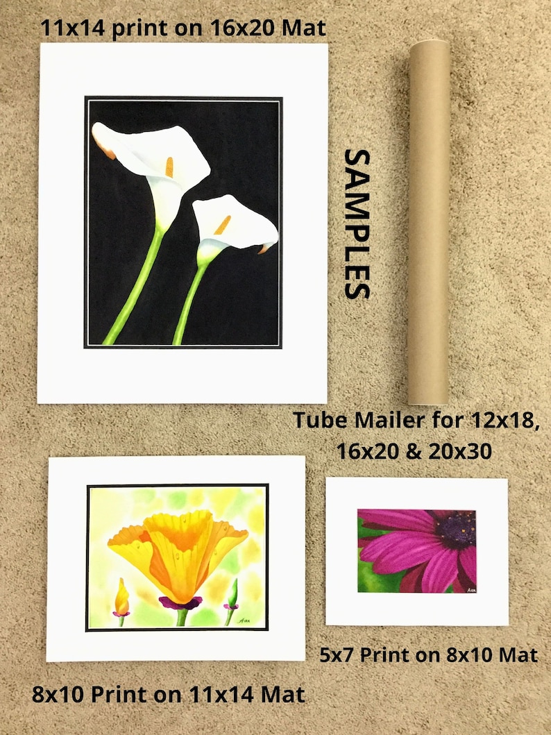 May include: An assortment of floral art prints, including a watercolor of two white calla lilies against a black background, a vibrant orange poppy, and a close-up of a pink flower. The prints are matted and labeled with sizes.