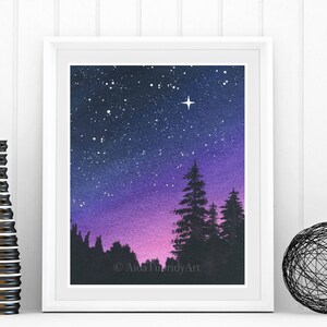 Purple Night Sky, Galaxy Painting, Nature Art, Forest, Sunset, Starry Night image 4
