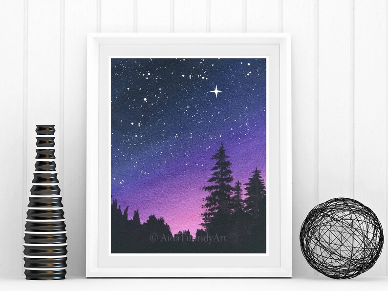 Purple Night Sky, Galaxy Painting, Nature Art, Forest, Sunset, Starry Night image 4