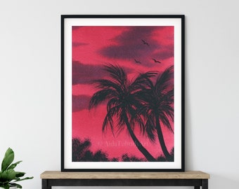 Hawaii Sunset Painting, Island Sunset, Giclee' Print from original watercolor painting, Coconut Painting