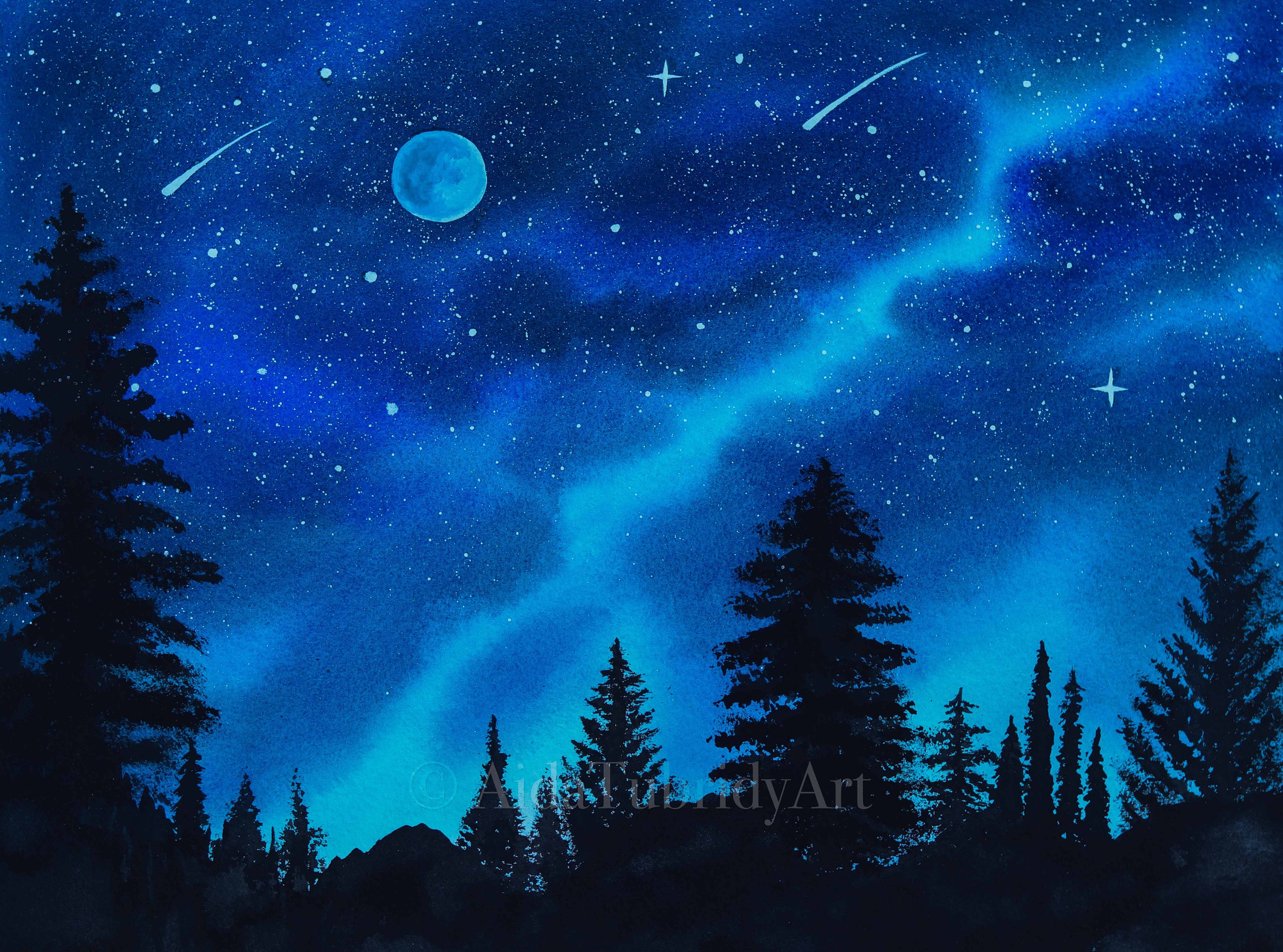 Stars and Moon Painting in Watercolor Giclee' Print Etsy
