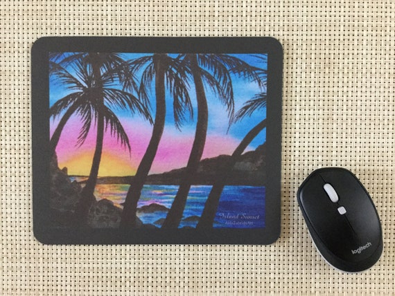 Artistic MOUSE PAD, Mouse Pad with Art, Watercolor painting on mouse pad, Cool mouse pad, Island Sunset on mouse pad, Gift for dad idea