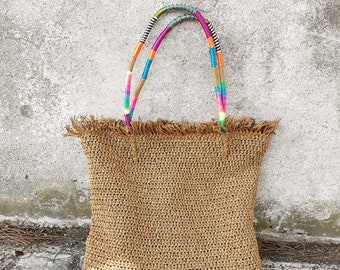 Hand Woven Natural Raffia Tote Bag with Boho Wrapped Handle / Straw Rattan Bag / Beach Bag with Multicolor Bag Strap / Mother's Day Gifts