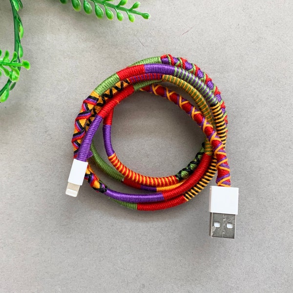 Wrapped Yarn Charger Cable / Red Purple Lightning Cable / Multicolor Charger Cable / Handmade Custom Charger Cord / Boho Charger Cable