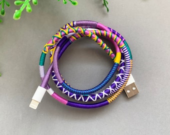 Handmade Wrapped Yarn Charger Cable: Purple Tones Lightning Cord