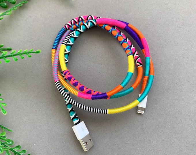 Handmade Wrapped Yarn Lightning Cable: Multicolor Boho Charger Cord