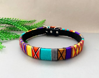 Handmade Multicolor Dog Collar / Yarn Wrapped Pet Collar / Embroidered Dog Leash / Custom Pet Collar