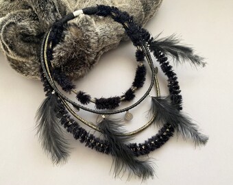 Tribal Bib Necklace: Black Faux Fur, Feather Statement Necklace