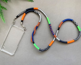 Correa para teléfono con cordón enrollado: cadena cruzada estilo bohemio con funda transparente