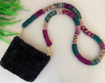 Hand Woven Furry Bag with Purple Green Wrapped Strap / Knitted Fuzzy Bag / Handwoven Crossbody Bag / Trendy Faux Fur Bag /Boho Bag Strap