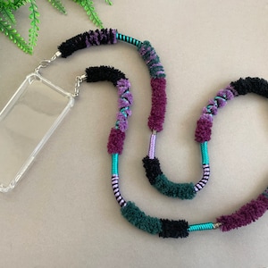 Purple Faux Fur Phone Strap with Transparent Case / Wrapped Mobile Phone Lanyard Phone ring / Furry Phone Chain / Fuzzy Boho Phone Holder