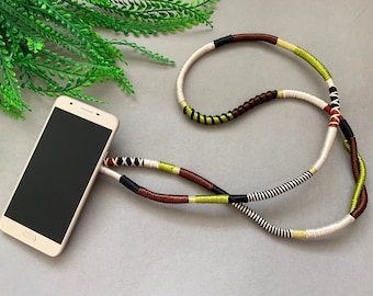 Earth Tones Phone Lanyard with Ring: Waxed Cord Mobile Strap