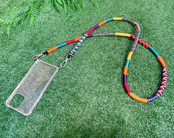 Cordón para teléfono tejido colorido con funda transparente
