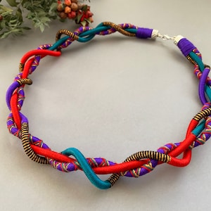 Yarn Wrapped Necklace / Purple and Red Modern Braided Statement Bib Necklace / Bohemian African Ethnic Rope Necklace / Unique Tribal Jewelry