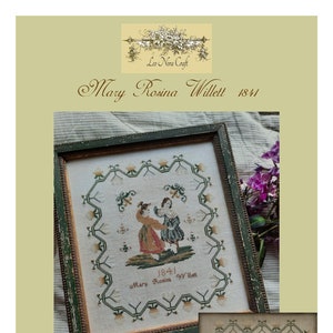 May include: A framed cross-stitch sampler with a green frame and a white background. The sampler features two girls in dresses holding flowers and the text "1841 Mary Rosina Willett".