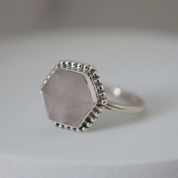 Rose Quartz Hexagon Silver Ring. Sterling Silver Ornate Ring. Rose Quartz Handmade Ring. Vintage Inspired Design Ring.