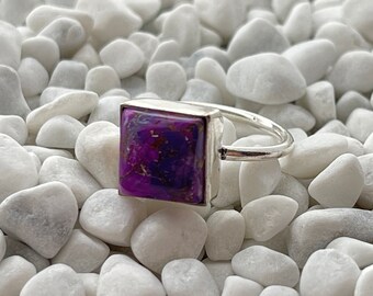 Anillo Plata Cobre Morado Turquesa. Anillo Cuadrado de Plata de Ley Turquesa. Anillo de plata de ley hecho a mano. Anillo de piedra preciosa hecho a mano.