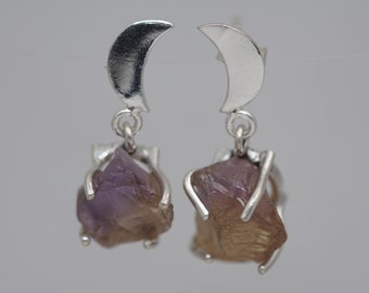 Conjunto de pendiente y colgante de luna de ametrino crudo. Pendiente y colgante de media luna de ametrina. Joyería de piedras preciosas de plata de ley.
