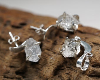 Raw Herkimer Quartz Moon Earring and Pendant Set. Diamond Quartz Crescent stud Earring and Pendant. Sterling Silver Gemstone Jewellery.