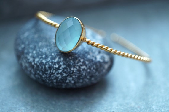 Aqua Chalcedony Faceted Marquise Gemstone Bracelet Micron Gold Plated Sterling Silver Bangle 7x14mm #1420