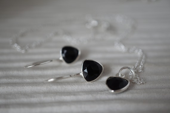Black Onyx Sterling Silver Earrings and Pendant. Gemstone Sterling Silver Earrings and Pendant Matching Set. Black Onyx Handmade Jewellery.