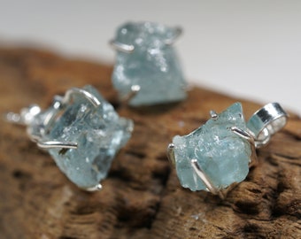 Raw Aquamarine Set Stud Earring and Pendant. Sterling Silver Stud Earrings and Pendant. Raw Crystal Earrings and Pendant Set.