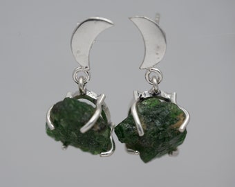 Juego de pendientes y colgante de luna de diópsido de cromo crudo. Pendiente y colgante de media luna de citrino. Joyería de piedras preciosas de plata de ley.