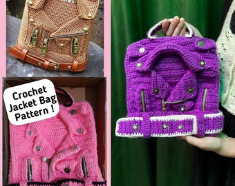 May include: Three crochet bags shaped like motorcycle jackets in tan, purple, and pink. The tan bag features gold hardware and the text MOSCHINO. The pink bag is in a box with the text Crochet Jacket Bag Pattern. Each has zippers and belts.