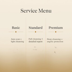 Op de afbeelding: Een servicemenu met drie kolommen: Basic, Standard en Premium. De vermelde diensten omvatten Aura scan en lichte reiniging, Volledige reiniging en gedetailleerd rapport, en Diepe reiniging en engelachtige bescherming.