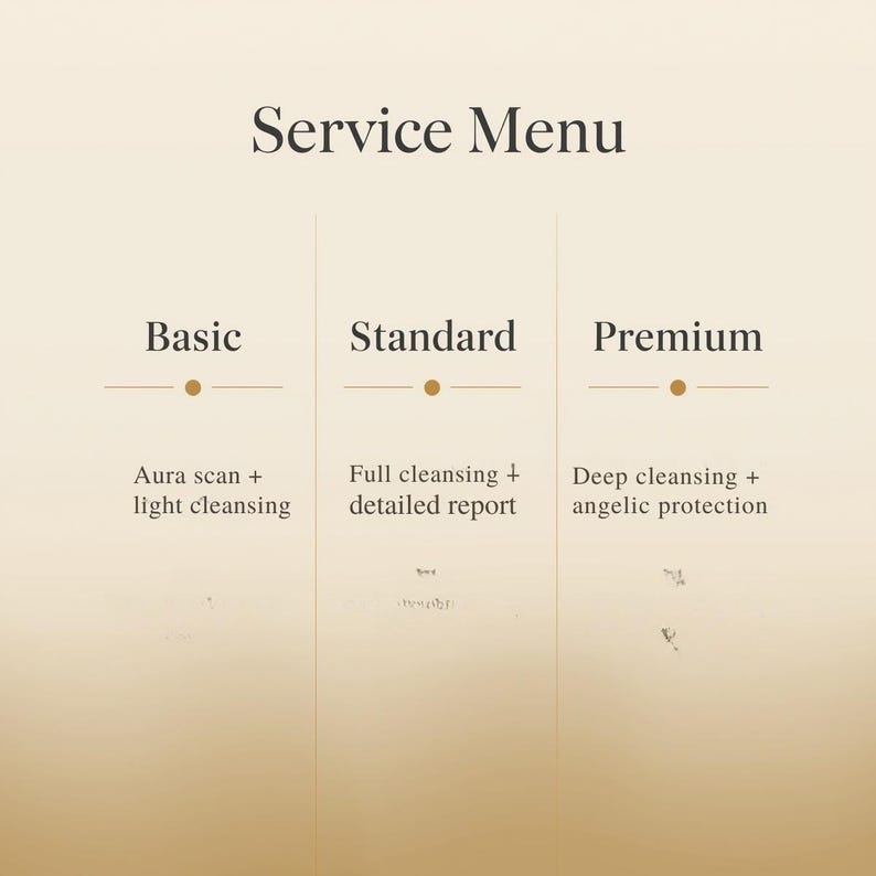 Op de afbeelding: Een servicemenu met drie kolommen: Basic, Standard en Premium. De vermelde diensten omvatten Aura scan en lichte reiniging, Volledige reiniging en gedetailleerd rapport, en Diepe reiniging en engelachtige bescherming.