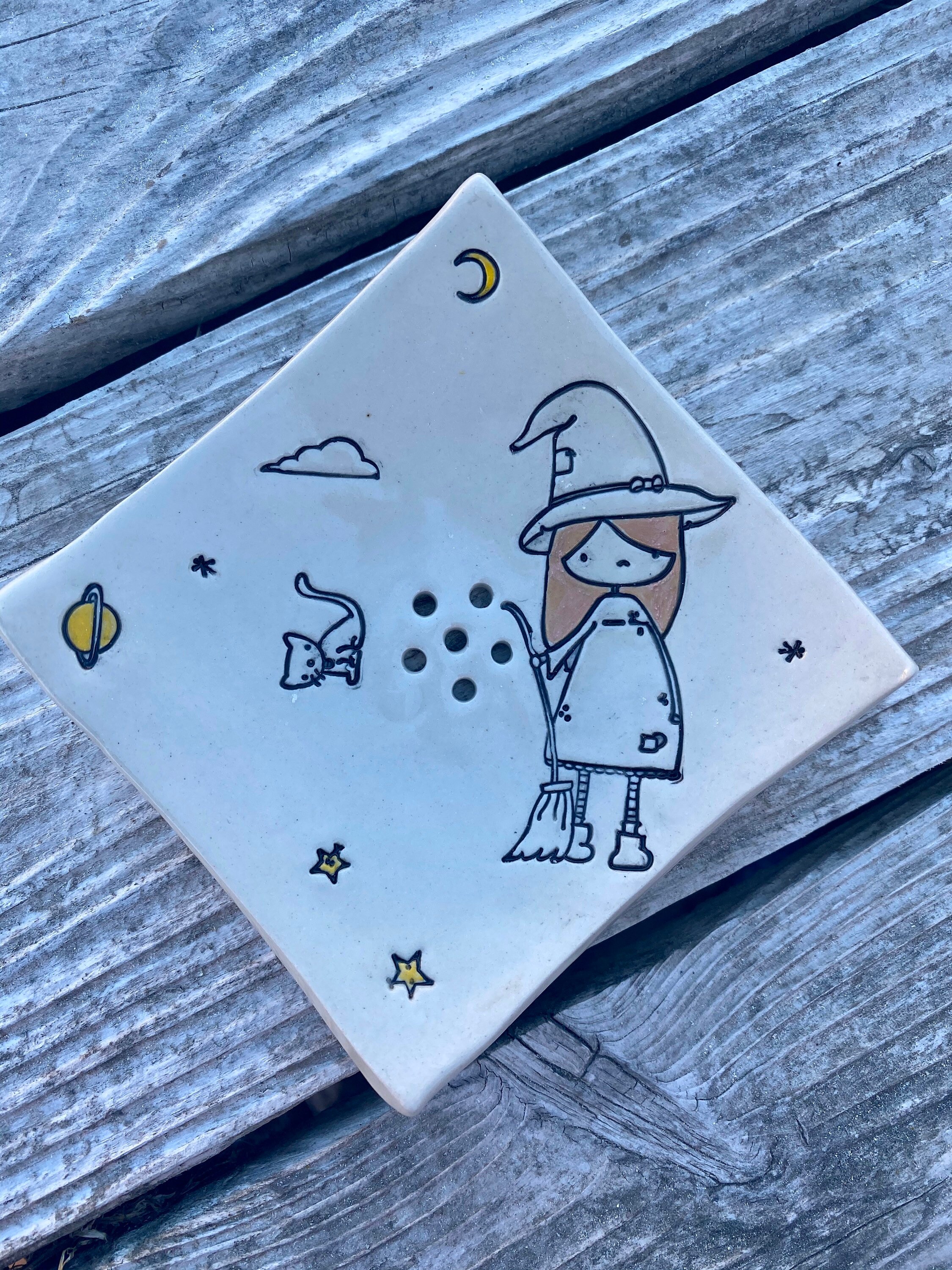 Porte-Savon Sorcière et Chat en Céramique