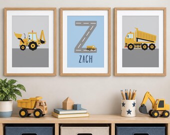 Personalised Construction Vehicle Prints, Digger Nursery Wall Art, Boys Bedroom Decor