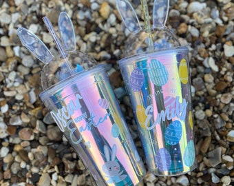 Easter Holographic Bunny Tumbler with a straw personalised with a name