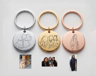 Custom Calligraphy Line Art Keychain, Waterproof Stainless Steel Round Charm, Engraved Portrait Keyring, Custom Line Drawing from Photo